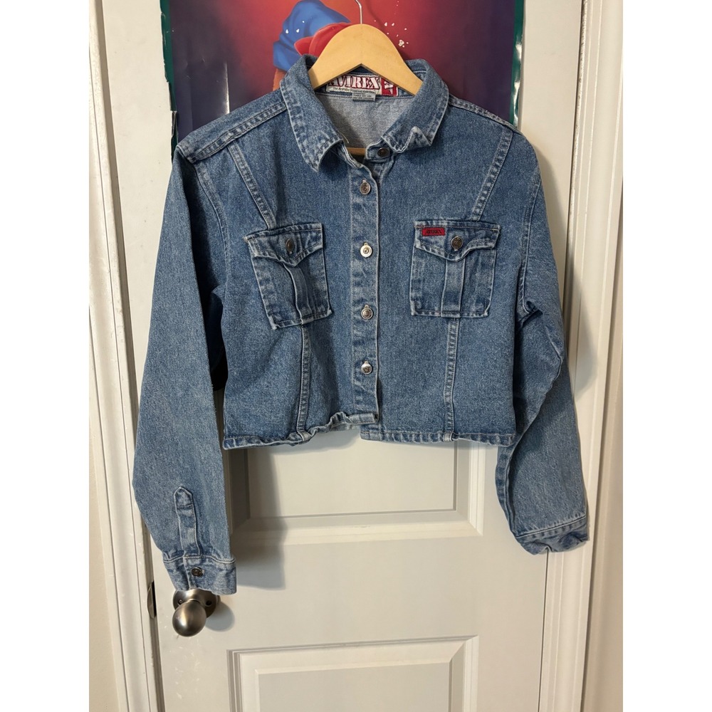 Avirex Denim Jacket Womens Large Blue Medium Wash Cropped Cotton Trucker  y2k